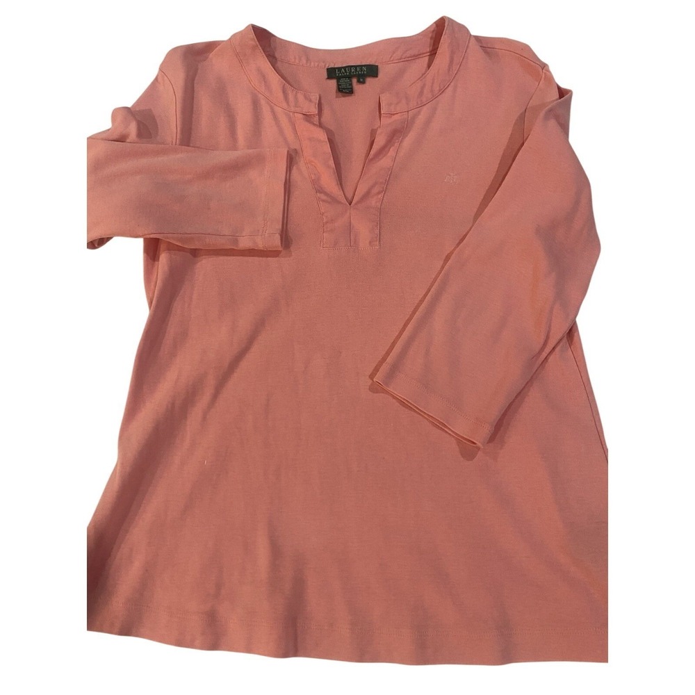 Lauren Ralph Lauren Women Pink Ribbed Cotton Split Neck 3/4 Sleeve‎ Top Medium